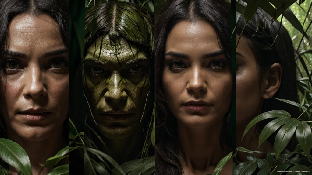 Five horror different face in jungle area, high resolution, high quality, 8k details including 