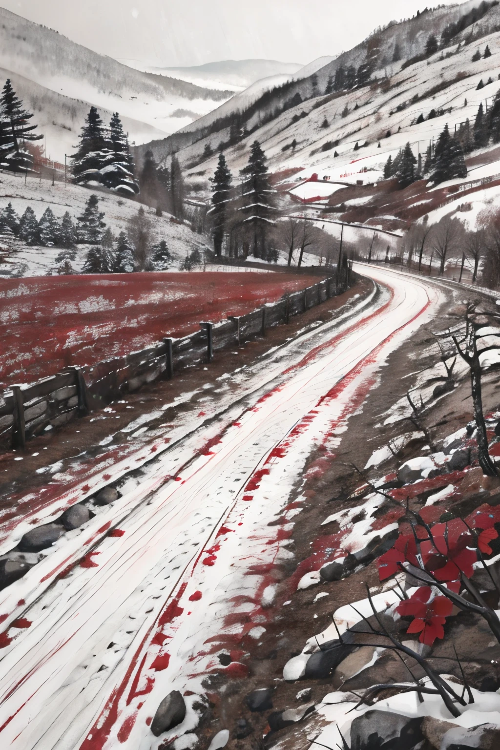 Rivulets of blood running along the slopes of a snowy mountain