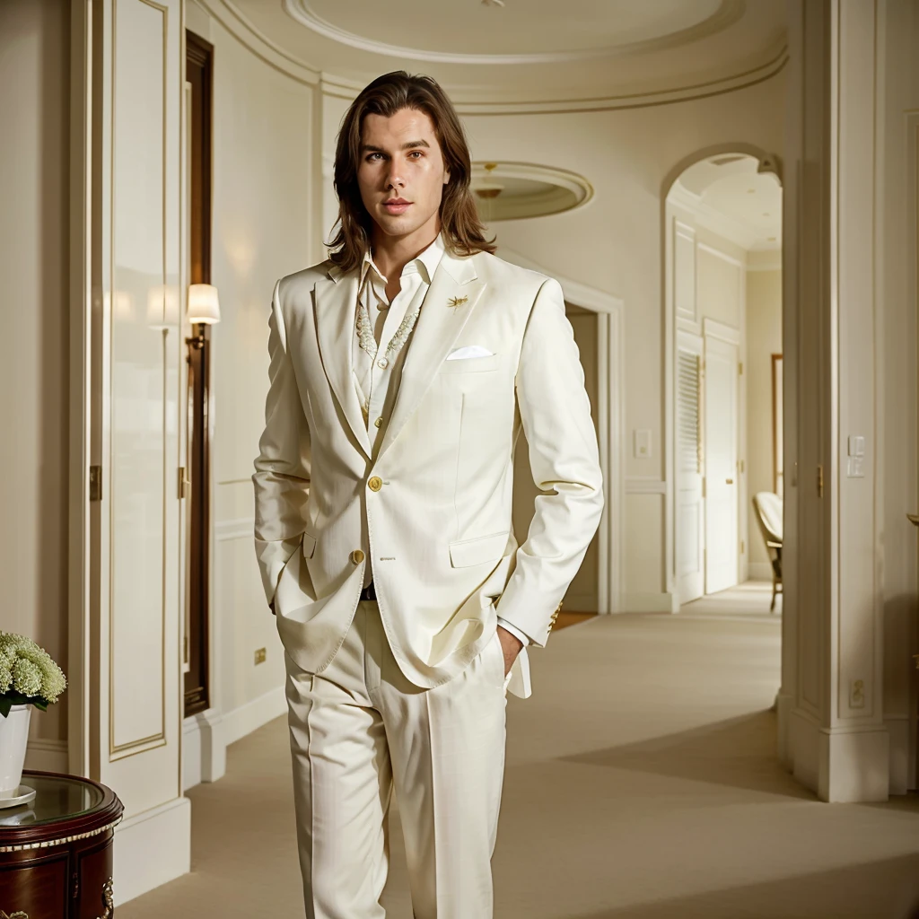 The character is standing in the living room, seeing off the guests, Brown hair, Mid-Sea Appearance, handsome male, elegant pose, in a ivory suit, The surroundings exude tranquility and luxury, ( Old Money Style Image),ultra realistic