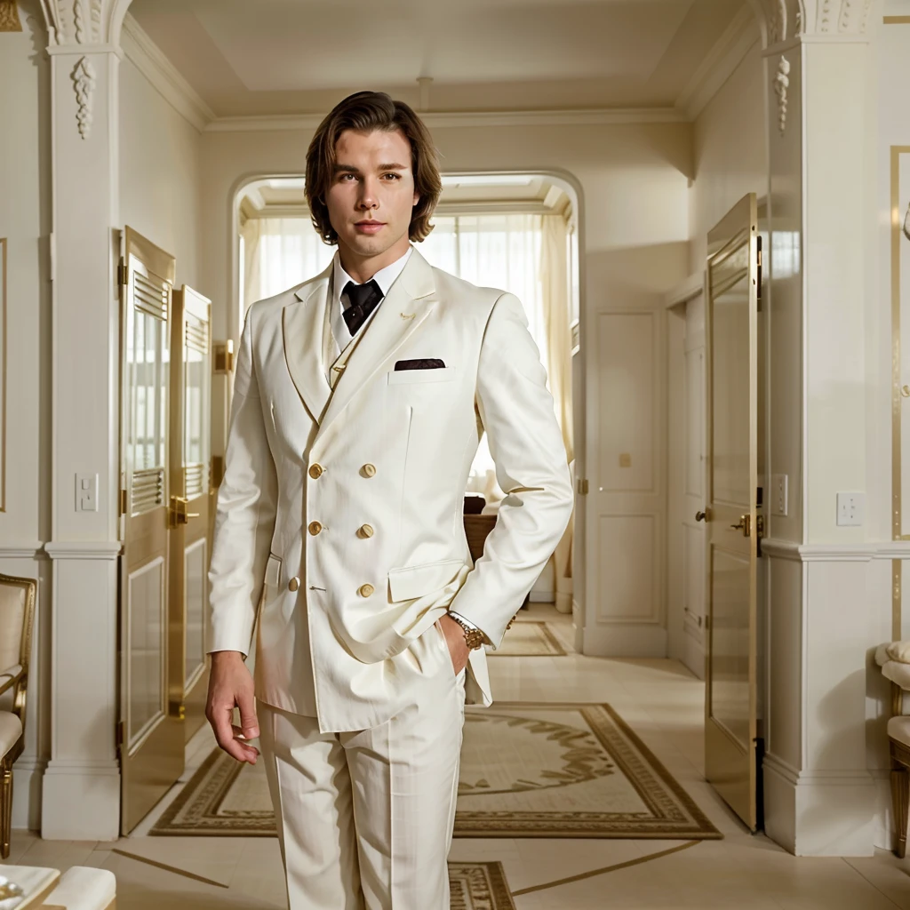 The character is standing in the living room, seeing off the guests, Brown hair, Mid-Sea Appearance, handsome male, elegant pose, in a ivory suit, The surroundings exude tranquility and luxury, ( Old Money Style Image),ultra realistic