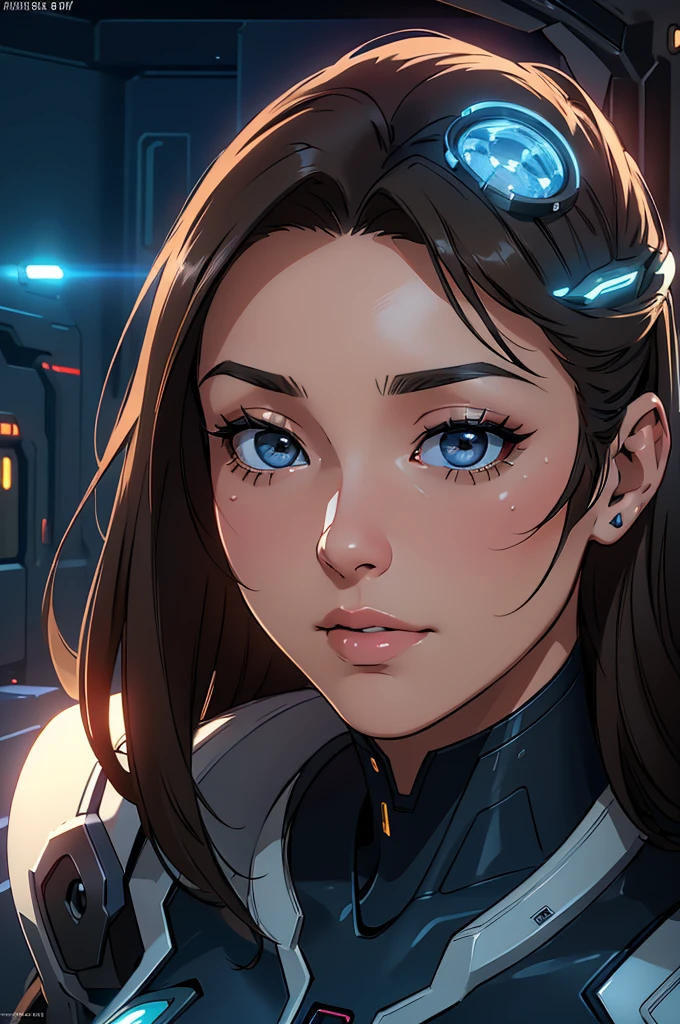 (ultra quality, 4k, 8k, high resolution, masterpiece: 1.2), ultra detailed, (realistic, photorealistic, photorealistic: 1.37) a young sexy and beautiful robot on a space station, 8k, ultra detailed, photorealistic, highly detailed, volumetric lighting, extremely detailed face and eyes, long eyelashes, upturned nose, full body, sexy, intricate details, concept art, vibrant colors, cinematic lighting, spectacular lighting, science fiction, futuristic, advanced technology, elegant design, seamless integration, meticulously crafted, masterpiece