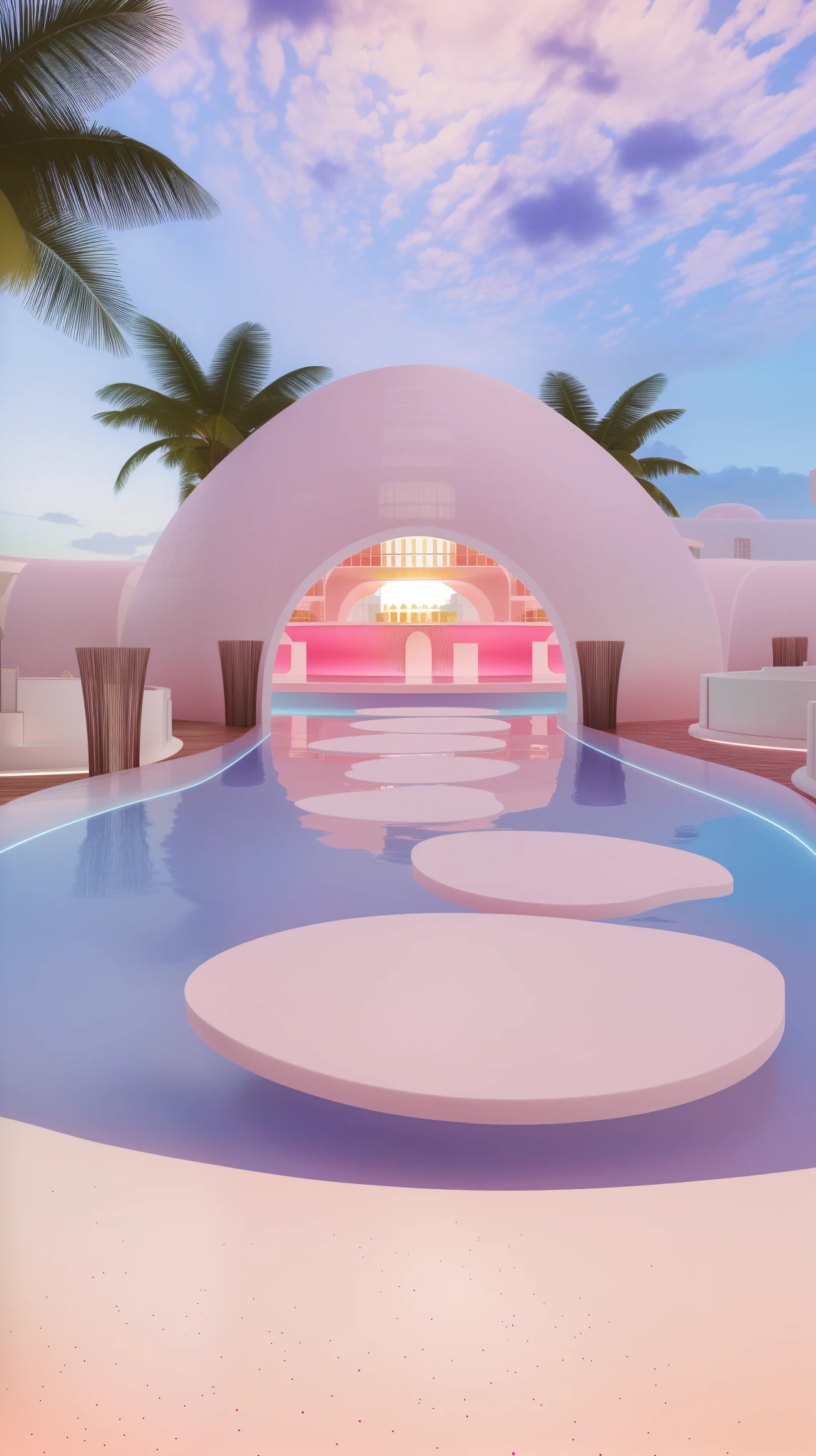 masterpiece, best quality, high quality, Extremely detailed CG Unity 8K wallpaper, Realistic photos, Depth of Field, There is a white domed swimming pool and a pink swimming pool, In a futuristic desert palace, Kawaii HD Rendering, Karim Rashid, Inspired by Joao Artur da Silva, take, Vaporwave Building, Neon City Dome, Palace on the water, Inspired by Cherryl Fountain, Pink Arch, Inspired by Riccardo Bofill, In a Candy Land-style house, Dreamy atmosphere