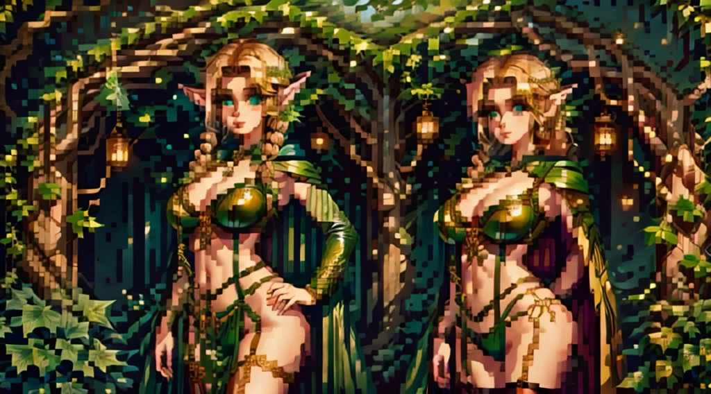 (masterpiece, best quality:1.2), 1girl, 8k, Full body view, standing, (detailed elf ear, Wood elf, 1 woman, elven featured face, seductive expression, massive bulging breast, beautiful green eyes, detailed eyes, braided blonde hair, thick hips, narrow shoulders, hourglass, thick blonde bush, camel toe, slingshot swimsuit), (leather green hooded cape, thin braided leather straps, gartered bustier and panty, elven designed outfit, gold laced ivy leaf pattern), (medieval setting, woodelf tree fort, ivy vines, oak forest, great oak background),