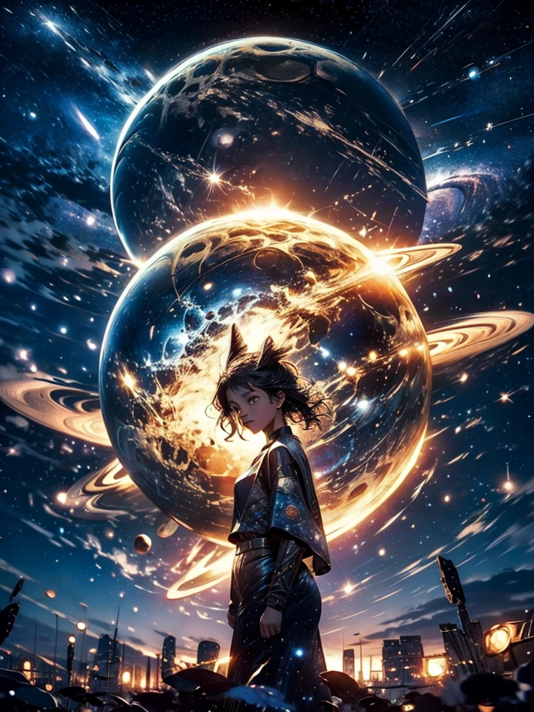 Space owl impression, Against the background of planets and stars  