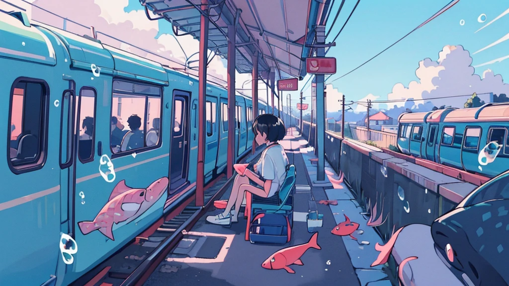 (masterpiece、highest quality、highest quality、official art、beautiful beautiful:1.2)、(1 girl:1.3)Hatsune Miku、twin tails,big breasts,pastel colour, 1 girl, short hair, skirt, shirt, black hair, 1 boy, sitting, white shirt, short sleeve, outdoor, null, shoes, pants, cloud, sailor collar, bag, from behind, blue null, ground vehicle, fish, bubble, blue theme, facing away, wide shot, train, surreal, whale, NSFW, sexy,