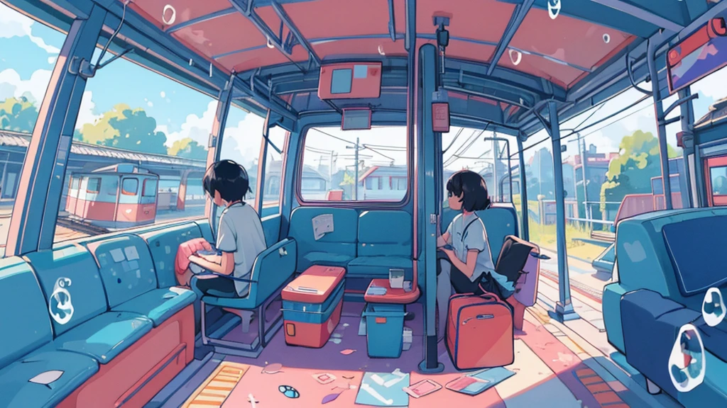 (masterpiece、highest quality、highest quality、official art、beautiful beautiful:1.2)、(1 girl:1.3)Hatsune Miku、twin tails,big breasts,pastel colour, 1 girl, short hair, skirt, shirt, black hair, 1 boy, sitting, white shirt, short sleeve, outdoor, null, shoes, pants, cloud, sailor collar, bag, from behind, blue null, ground vehicle, fish, bubble, blue theme, facing away, wide shot, train, surreal, whale, NSFW, sexy,