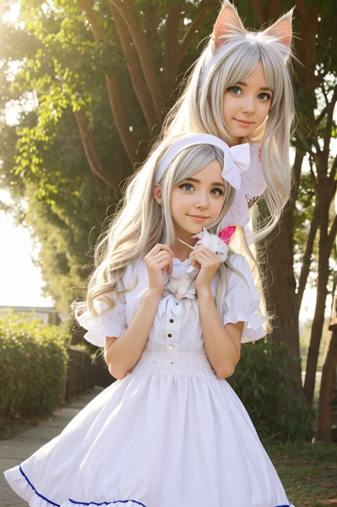 A female character with an Australian shepherd and ragdoll kitten, there is a woman in a white set and a cat, catgirl very cute very beautiful, white cat girl, Like Alice in Wonderland., very beautiful anime cat girl, Attractive young cat, Catboy's Cosplay! maid! set, beautiful anime catgirl, with magical creatures, Zinnia, anime cat, Beautiful catgirl, Belle Delphine