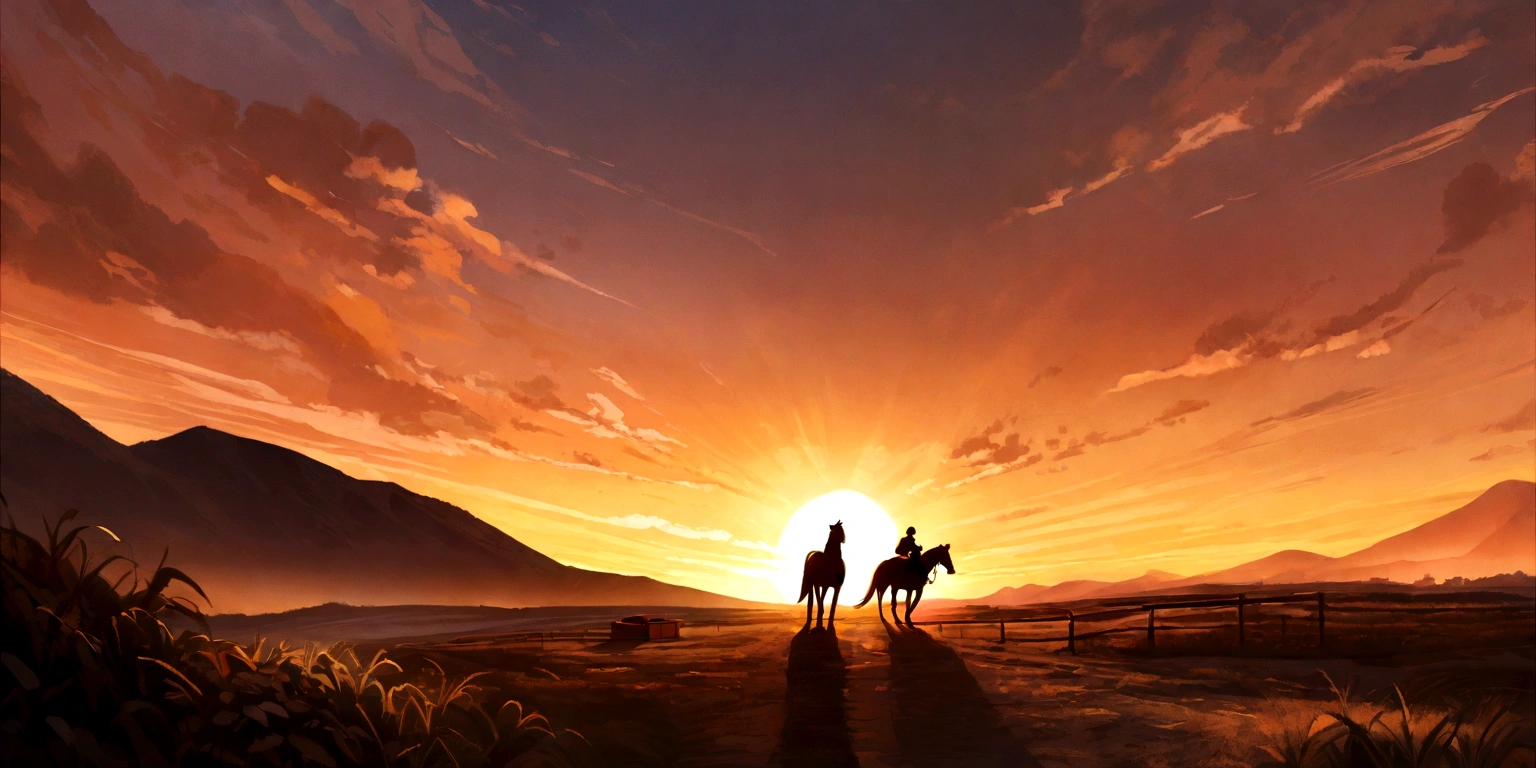 5 piece box, oil painted, sunrise, one horse in the middle and two on the sides