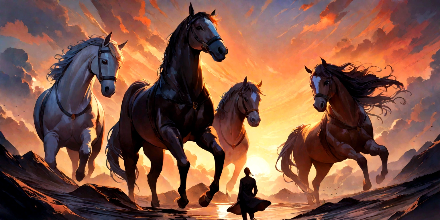 5 piece box, oil painted, sunrise, one horse in the middle and two on the sides