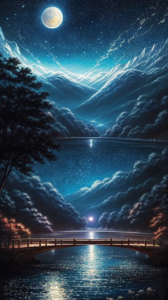 A condensed beauty of a painting of a river and the stars and moon in the sky, Concept art inspired by Mitsuoki Tosa, pixiv Contest Winner, highest quality, Fantasy art, Beautiful anime scene, Bright moon circle, Starry Sky environment in the moonlight, Dream Painting, Anime Background art, Dreamscape Painting, Great night, Anime Background, Background artwork, Great art, Atmospheric anime, Starry Sky, Detail enhancement.  