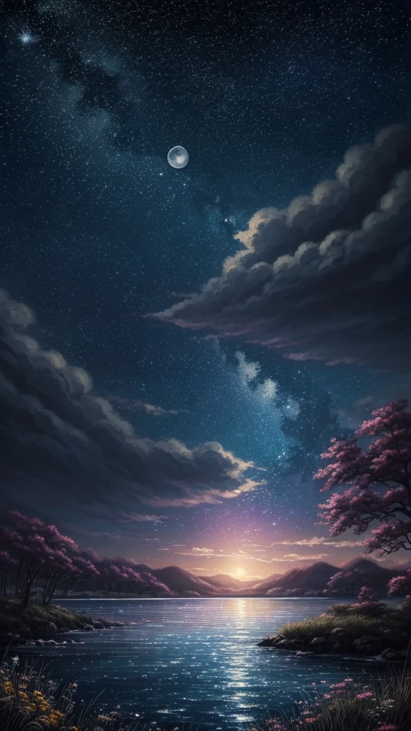 A condensed beauty of a painting of a river and the stars and moon in the sky, Concept art inspired by Mitsuoki Tosa, pixiv Contest Winner, highest quality, Fantasy art, Beautiful anime scene, Bright moon circle, Starry Sky environment in the moonlight, Dream Painting, Anime Background art, Dreamscape Painting, Great night, Anime Background, Background artwork, Great art, Atmospheric anime, Starry Sky, Detail enhancement.