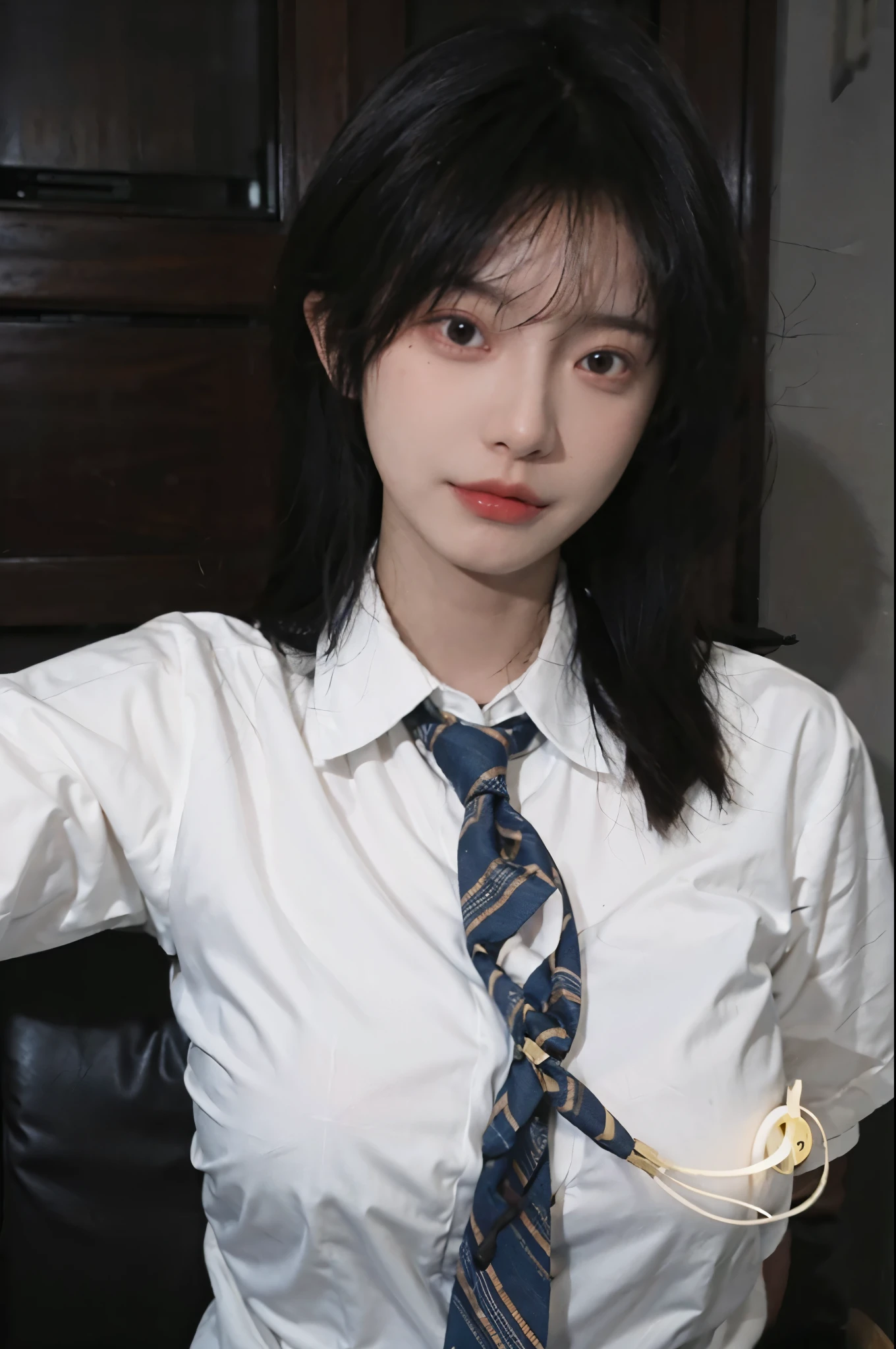 Best quality,masterpiece,ultra high res,(photorealistic:1.4),1girl,sexy,(shirt and tie:1.2),(large breast:1.3),(upper body:1.4)