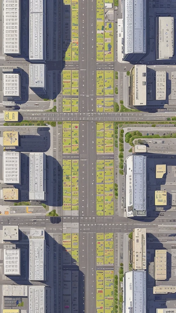 Straight road running through the center of the city, game concept, game map, pixel, pixel art, (straight road:1.2), paved road, night, detailed, vertical, bird's eye view, modern city, front projection