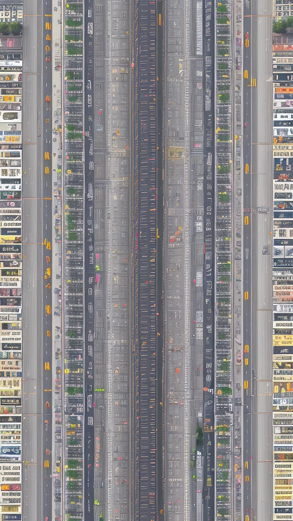Straight road running through the center of the city, game concept, game map, pixel, pixel art, (straight road:1.2), paved road, night, detailed, vertical, bird's eye view, modern city, front projection