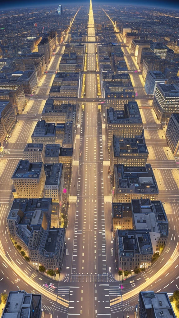 Straight road running through the center of the city, game concept, game map, pixel, pixel art, (straight road:1.2), paved road, night, detailed, vertical, bird's eye view, modern city, front projection