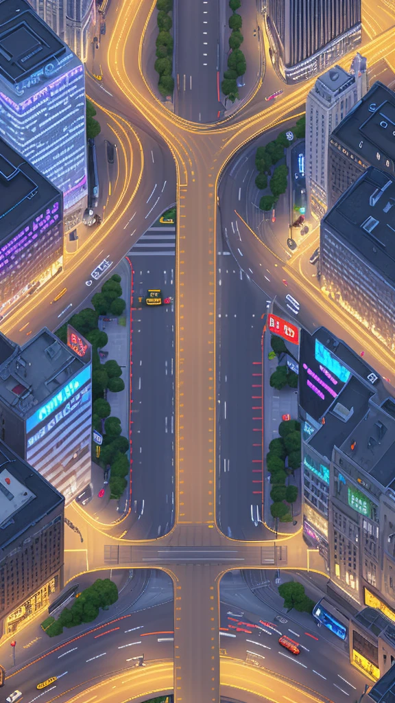 Straight road running through the center of the city, game concept, game map, pixel, pixel art, (straight road:1.2), paved road, night, detailed, vertical, bird's eye view, modern city, front projection