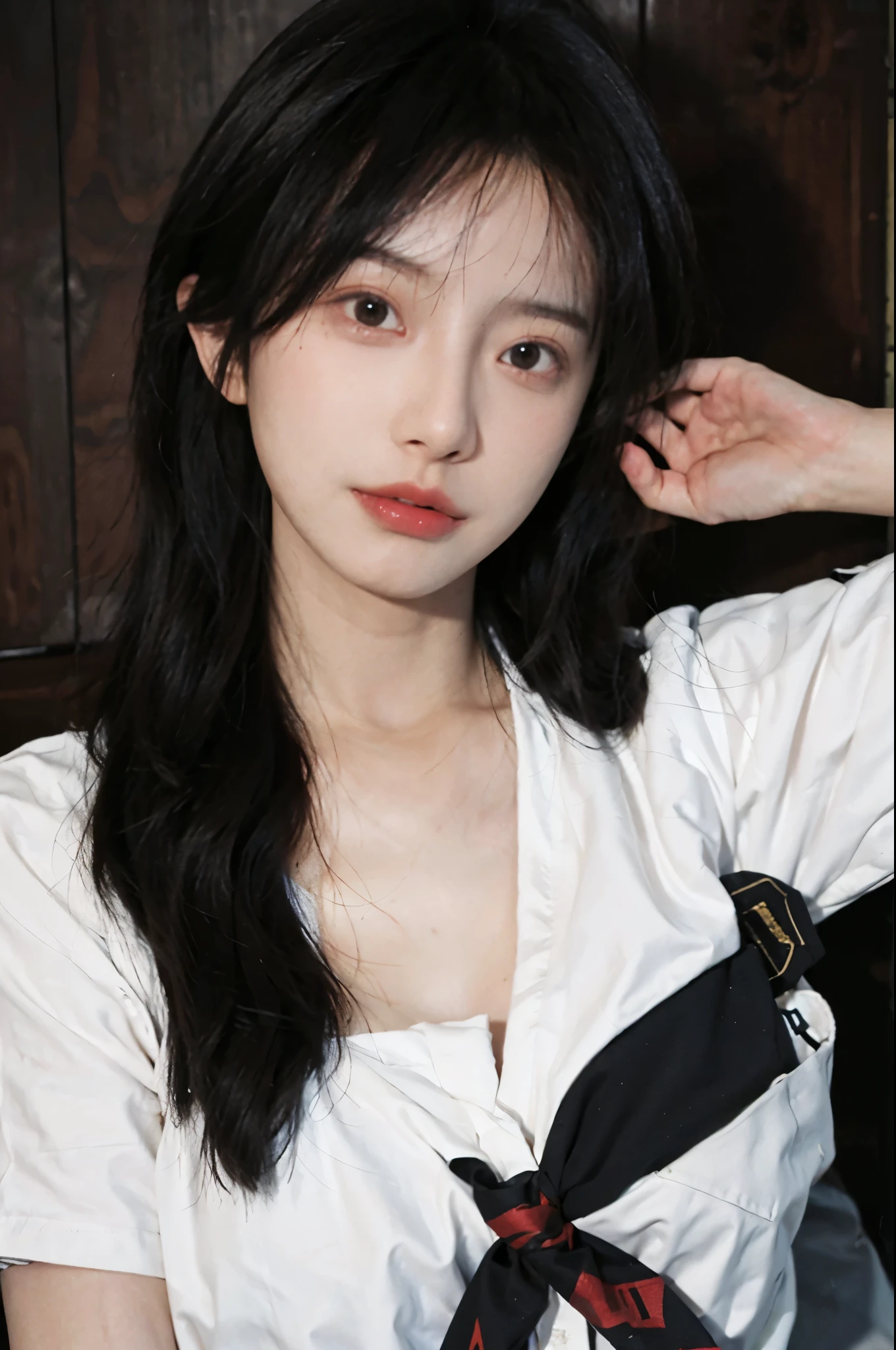 Best quality,masterpiece,ultra high res,(photorealistic:1.4),1girl,sexy,(shirt and tie:1.2),(large breast:1.3),(upper body:1.4)
