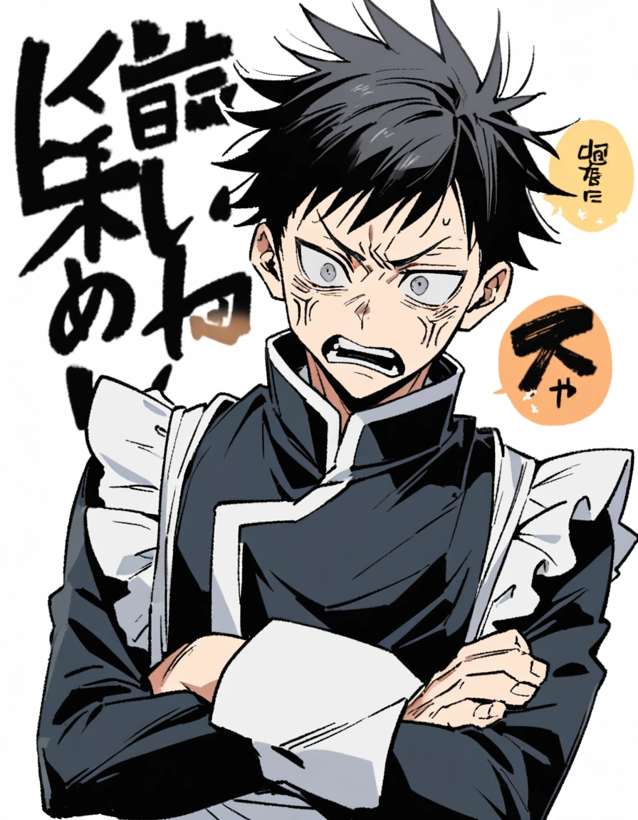 1 14 year old boy in jujutsu kaisen style, Bblack hair, gray eyes, wearing a maid outfit, crossed arms, angry expression, White background