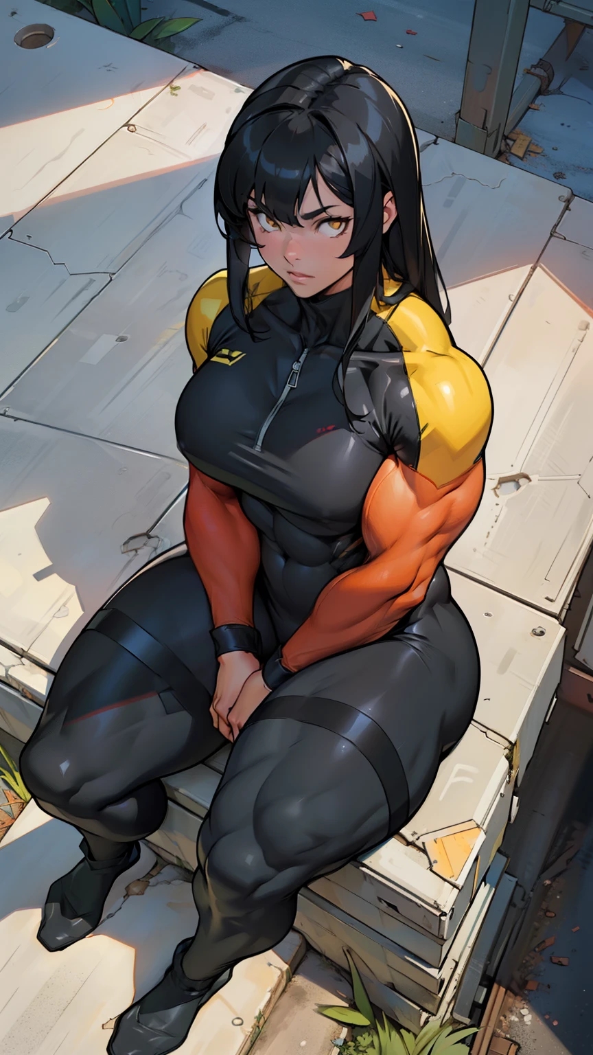 best quality (((((girl muscular thick thighs))))) (full bodysuit cowboy-shot from above sitting) pale skin black hair yellow eyes very long hair