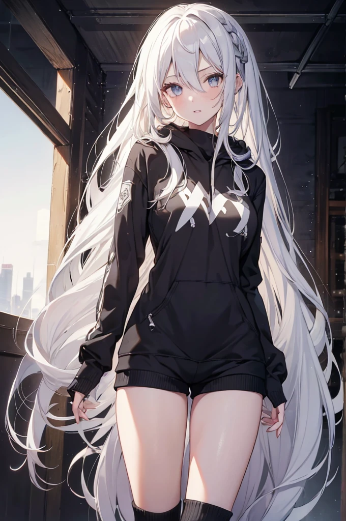 1girl, {Solitary}, Upper Body ,{{ {Watching at viewer}}}, Arms at your sides, Concept Art, white Background, simple Background, White hair, Silver gradient hair , Composite cloth, Asymmetrical clothes, Virtual YouTuber, best quality, masterpiece, Dynamic Angle, , cowboy_shooting, Watching_Back, grab, girl,Miss,woman, young,20 years old, Very long hair, Hair Flip, Silver Hair, Flowing hair, Ahog, giggle, Beautiful and delicate golden eyes, teeth, Large Breasts, Blonde eyes, White skin, hoodie, Black_shorts, Gray clothes, transparent_Background, Backlighting, absurd, high resolution, Extremely detailed,sweater,Face to face