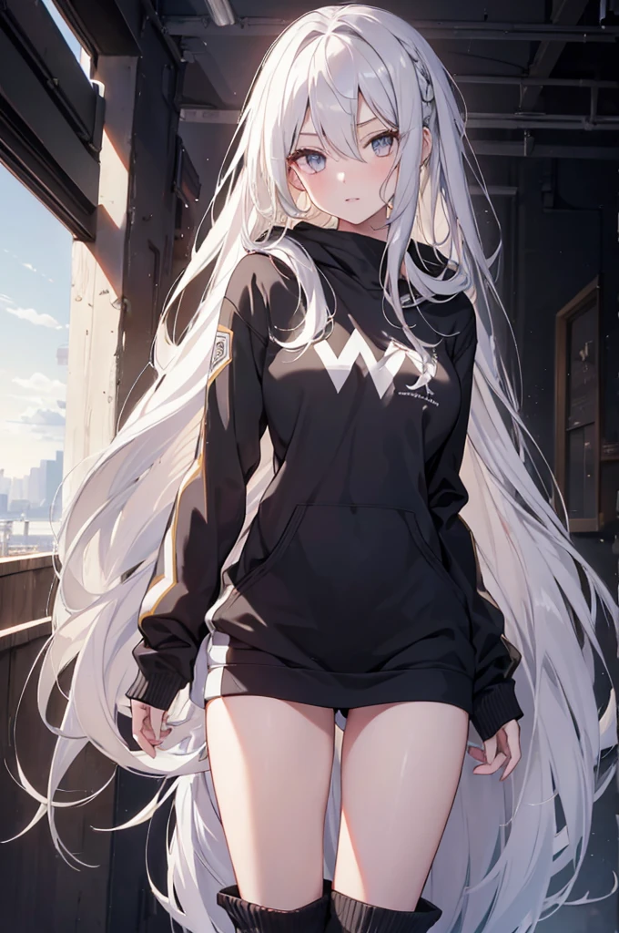 1girl, {Solitary}, Upper Body ,{{ {Watching at viewer}}}, Arms at your sides, Concept Art, white Background, simple Background, White hair, Silver gradient hair , Composite cloth, Asymmetrical clothes, Virtual YouTuber, best quality, masterpiece, Dynamic Angle, , cowboy_shooting, Watching_Back, grab, girl,Miss,woman, young,20 years old, Very long hair, Hair Flip, Silver Hair, Flowing hair, Ahog, giggle, Beautiful and delicate golden eyes, teeth, Large Breasts, Blonde eyes, White skin, hoodie, Black_shorts, Gray clothes, transparent_Background, Backlighting, absurd, high resolution, Extremely detailed,sweater,Face to face