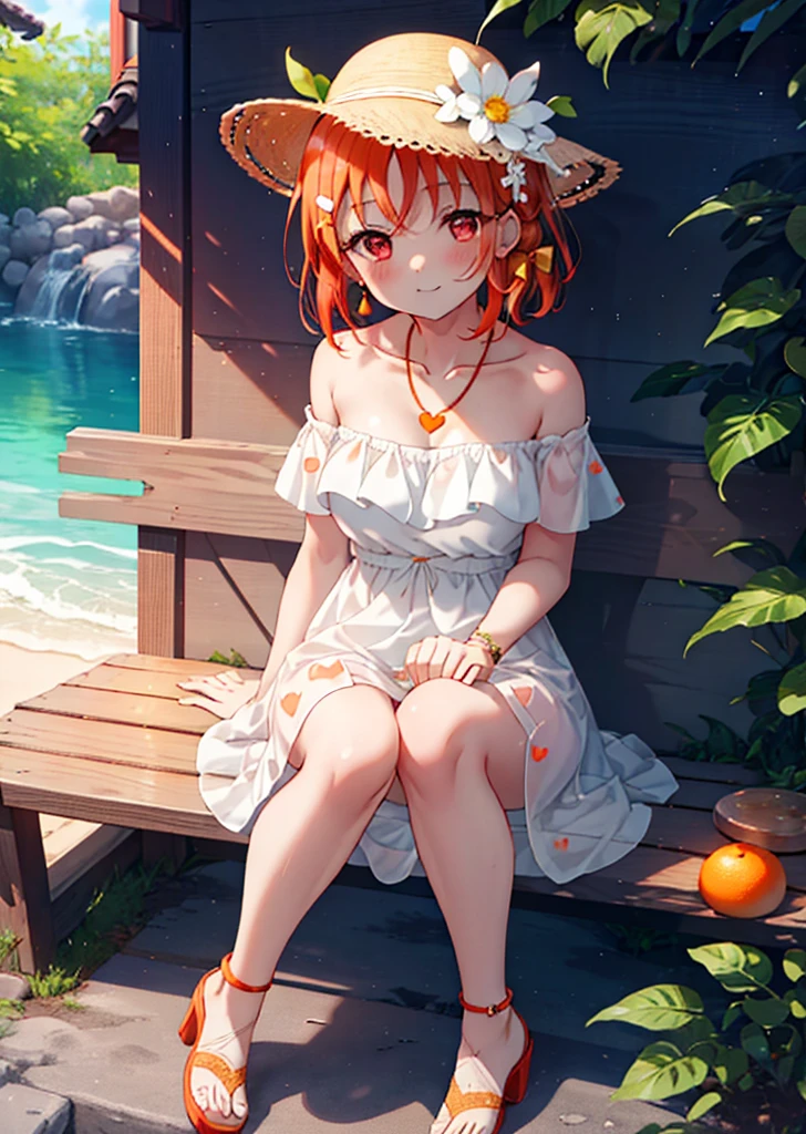 chika　takami,Orange Hair,Red eyes,smile,blush,Big straw hat,Orange off-shoulder dress,Bare shoulders,bare clavicle,Bare neck,Short sleeve,Heart-shaped necklace,Long skirt,Cute heeled sandals,Sitting on a bench,,Daytime,Clear skies,whole bodyがイラストに入るように break outdoors, Building district, break looking at viewer, whole body, break (masterpiece:1.2), Highest quality, High resolution, unity 8k wallpaper, (figure:0.8), (Beautiful attention to detail:1.6), Highly detailed face, Perfect lighting, Highly detailed CG, (Perfect hands, Perfect Anatomy),