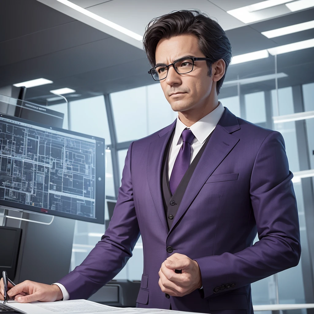 Create an image of a middle-aged male architect wearing a sophisticated purple suit. He should be portrayed in a thoughtful and strategic pose, perhaps looking over blueprints or working on a futuristic architectural model. The setting should be modern and sleek, reflecting his intellectual prowess and strategic genius. Include elements that emphasize his analytical mind and innovative thinking, such as complex diagrams, a high-tech environment, and an intense, focused expression. The overall atmosphere should convey intelligence, precision, and visionary leadership.