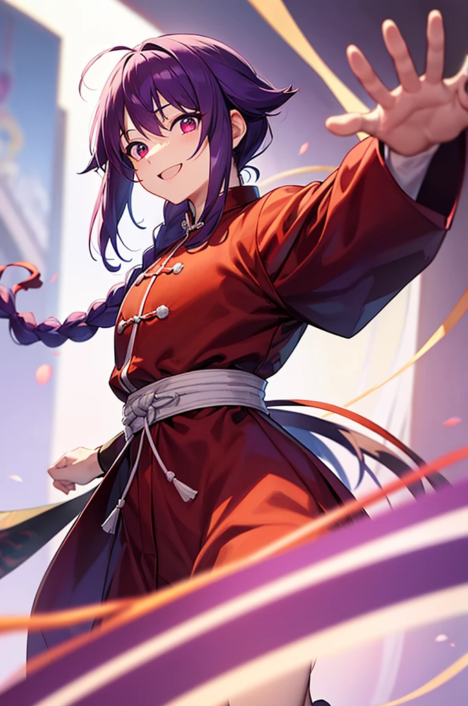 Purple Hair、Red eyes、White background、Anime characters、Knot、Braid、A man wearing black kung fu clothing、Smiling young man、Man standing facing forward、juvenile、White background