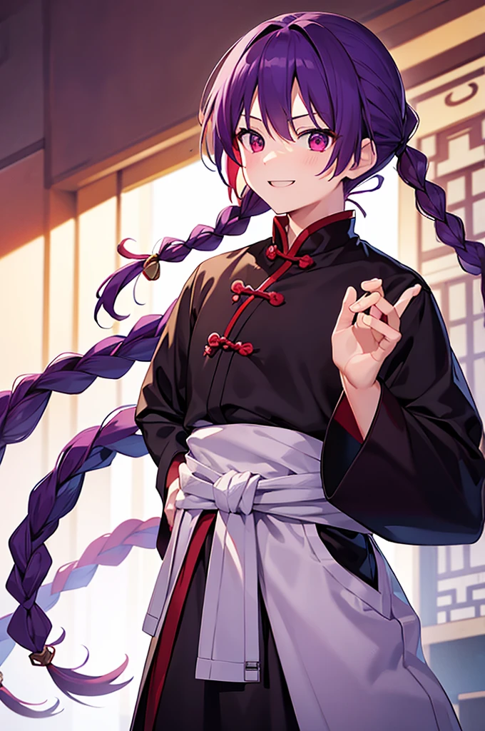 Purple Hair、Red eyes、White background、Anime characters、Knot、Braid、A man wearing black kung fu clothing、Smiling young man、Man standing facing forward、juvenile、White background