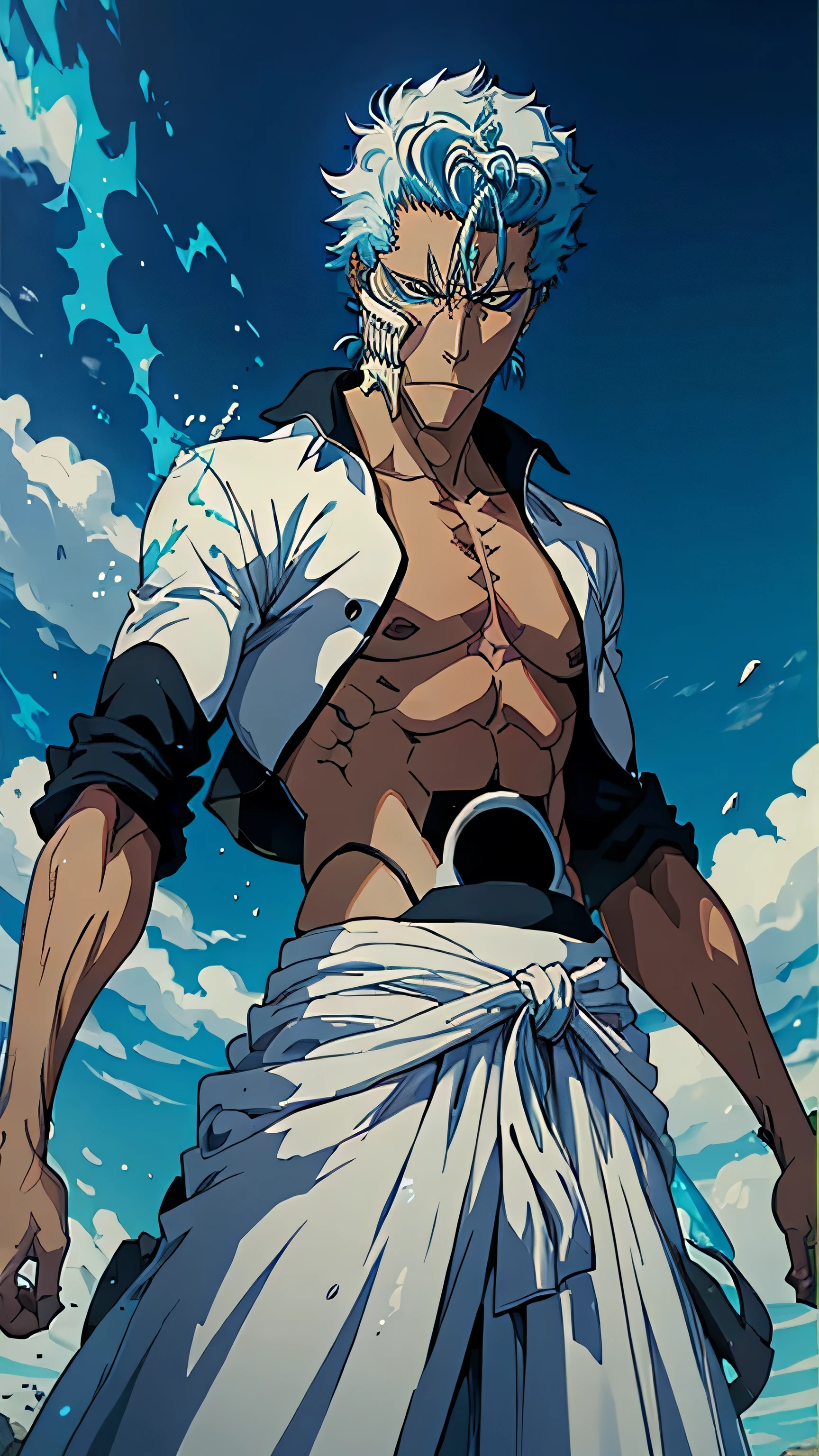 (masterpiece, best quality:1.2),1boy,solo, Grimmjow Jaegerjaquez, badass pose,bleach, powerful aura,red aura,8k,64k, HD, unparalleled masterpiece, dynamic lighting, cinematic, epic, highest quality digital art, Stunning art, wallpaper 4k, official art for bleach,art by Tite Kubo, absolutely stunning art