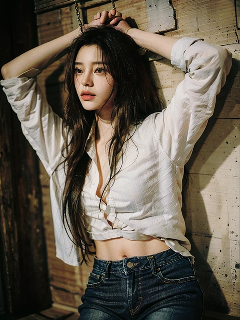 (8K, Highest quality, masterpiece: 1.2), (Realistic, photoRealistic: 1.37), beautiful, Sharp focus :1.2, 完璧な体型のbeautiful女性 :1.4, 1 Girl,Slim Abs :1.2, Hair color is black、Eyes are dark brown、Long Hair、Straight hair、(White long formal shirt)(Unbutton your shirt.), play、takeoff、jeans, 頭の上にhandcuffsをかけられた, handcuffs、please stretch your arms、In the basement, ((jeans))