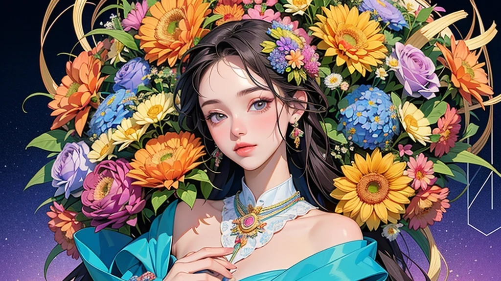 (ultra-Detailed Background, Detailed Background), Absurd, High resolution, Super detailed, Very detailed, One girl, (bouquet:1.3), (Tangled:1.2), (Geometric:1.2),(colorful),