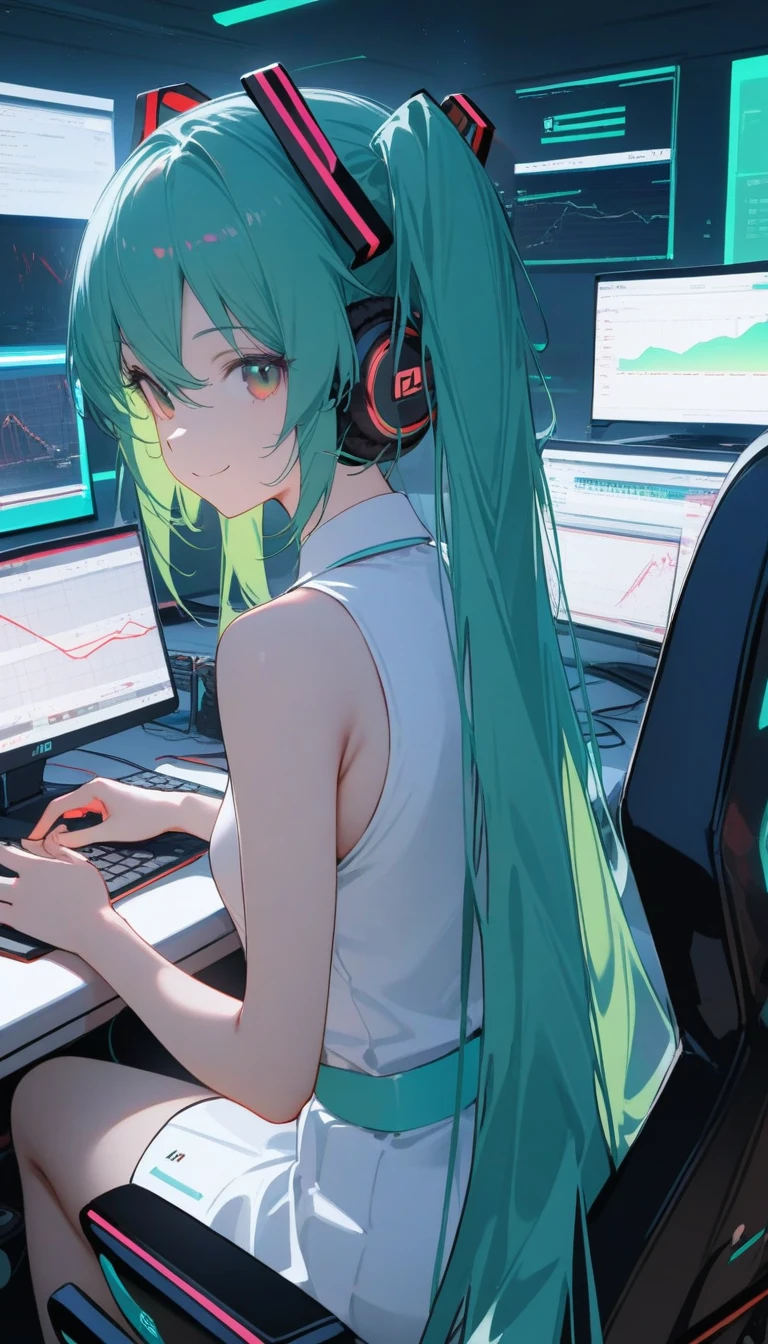 ((best quality)), ((masterpiece)), beautilful face,((perfect anatomy)),((perefect hands)),(Hatsune Miku),red glasses,modern office,stock chart on screen,sitting, gaming chair,looking back, looking at viewer, smiling, sleeveless, white clothes, headphones with green lighting, secretary girl