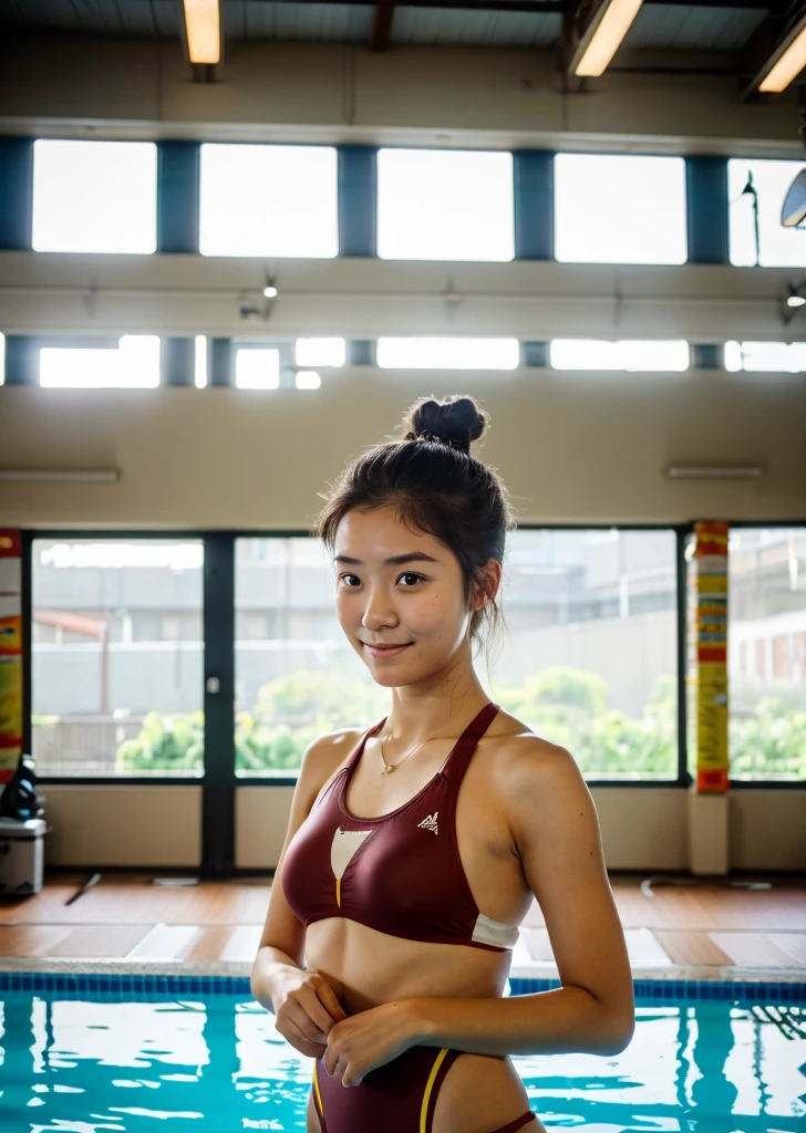(Realistic, photo-Realistic:1.37),(8K, RAW Photos, Highest quality, masterpiece:1.2), Ultra-detailed, 超High resolution, Kodak Vision Color, Filmed with an Arricam LT camera,Highest quality, Lively, 8K, High resolution, Escape, (Professional Lighting), (Portraiture:0.6), Brown Hair,22 years old、slender、Sports instructor、sports gym、Swimming Coach、Swimsuit、Bun Head、Indoor Pool、Japanese、