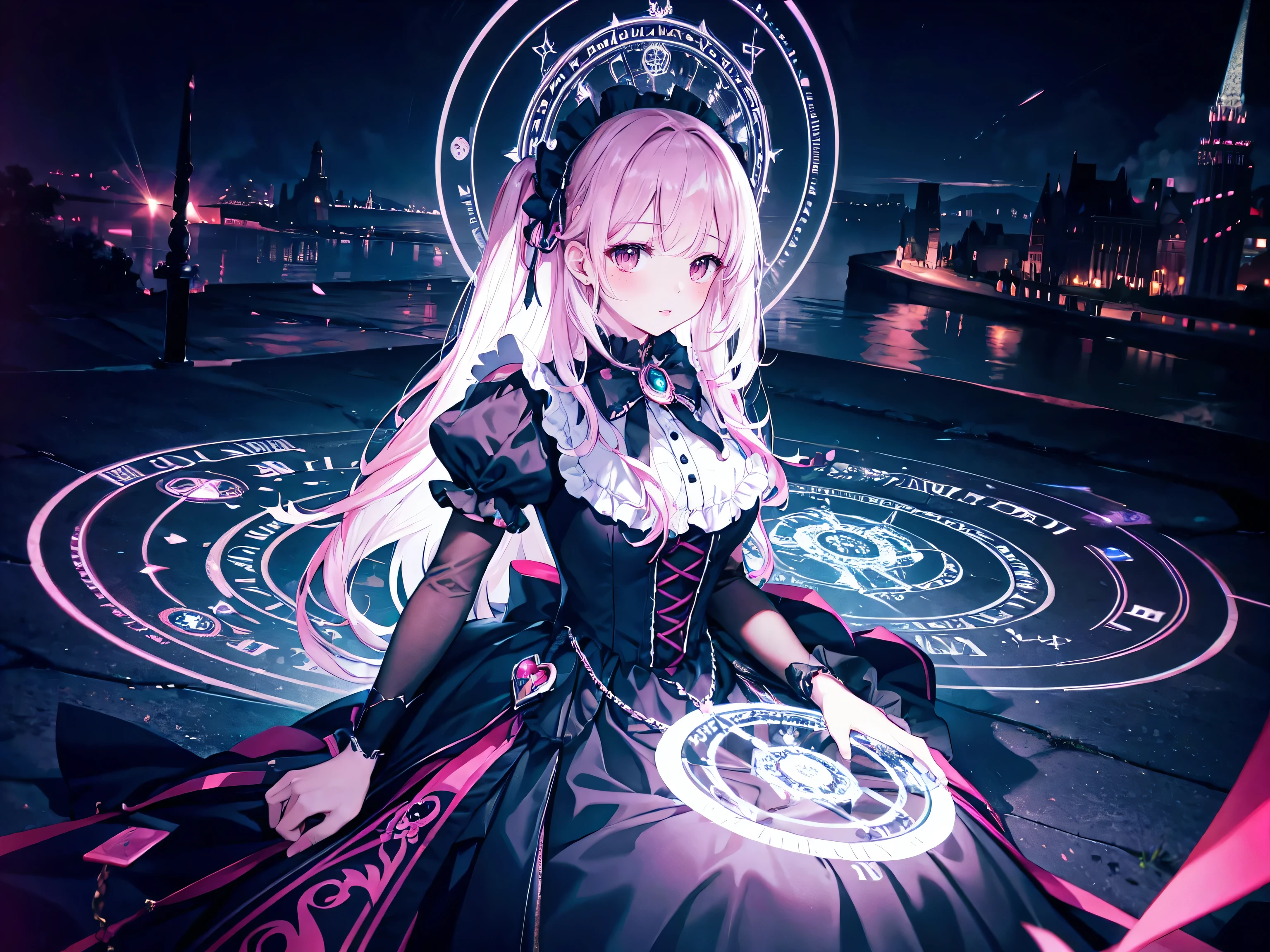black and pink outfit sitting on a bench, top clothes pink sleeveless top clothes, Lolita Style, Lolita Fashion, Cute as an angel, black and pink gothic lolita dress, Magical Lolita Girl, Ruffled Costume, victorian gothic Lolita Fashion, Magic , Witchcore Outfit, , Layering, (((Masterpiece, Super detail, top quality, ultra high res, Spectacular Quality, Distinguished Quality, ultra detailed, unity 16k, ultra photo realistic))), (huge magic circle drawn in the sky and on the ground in night:1.5),