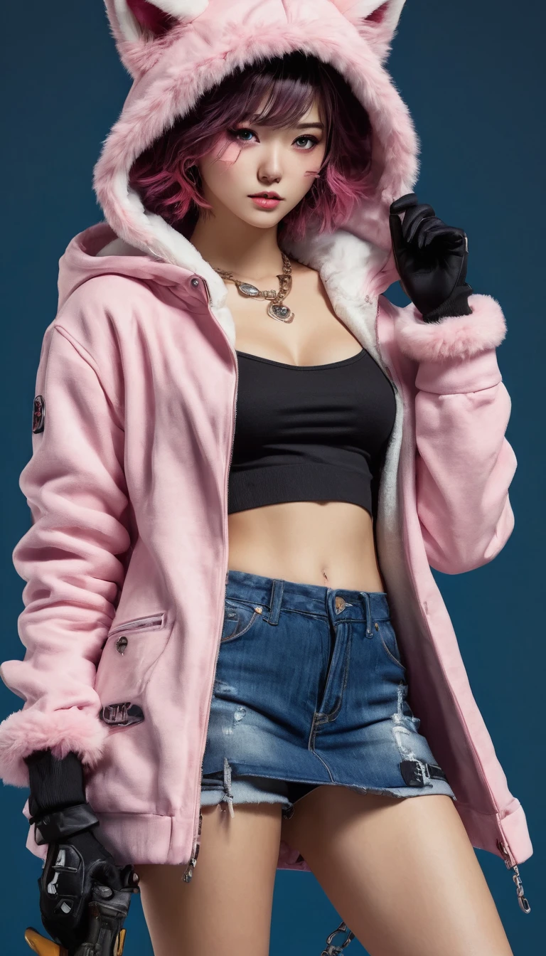 Ultra-realistic CG K ,((premium、8k、32k、Masterpiece)), (superfine illustration)、(súper high resolution), (((body adulto))), (Masterpiece, Best Quality:1.2), ((Masterpiece, of the highest quality, Maximum image quality, high resolution, photorealistic, photo and gross, 8k)),Oh, league of legend, sexy for, wallpapers, detailed eyes, fox ear, (fox tails), a skirt, (long pink fur), medium breasts, Looking at_It is shown in_Looking atl espectador, short_Hair, gloves, belly button, fail, Blue_there are eyes, Eternal, full_body, weapon, Footwear, Necklaces, negro_gloves, pulp, hooded, Hair_overcome_Yoon_there are eyes, cultivator_above, Hoodie, negro_pants, sneakers, cut_Jacket, cyber punk character, cut_Hoodie