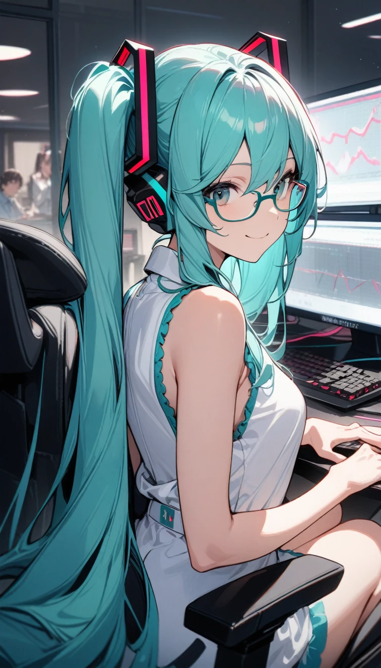 ((best quality)), ((masterpiece)), (detailed), beautilful face,((perfect anatomy)),((nice hands)),(Hatsune Miku),glasses,modern office,stock chart on screen,sitting, gaming chair,looking back, looking at viewer, smiling, sleeveless, white clothes