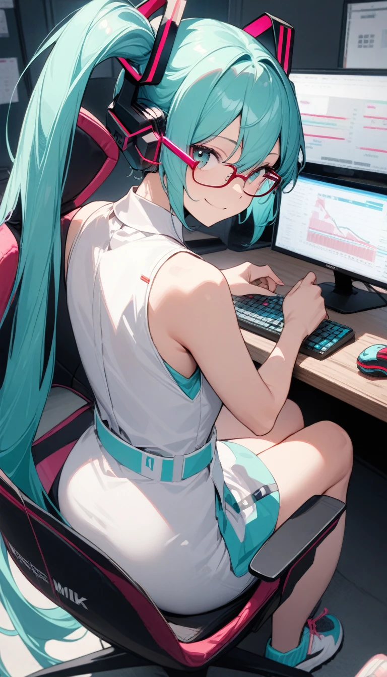 ((best quality)), ((masterpiece)), (detailed), beautilful face,((perfect anatomy)),((nice hands)),(Hatsune Miku),glasses,modern office,stock chart on screen,sitting, gaming chair,looking back, looking at viewer, smiling, sleeveless, white clothes