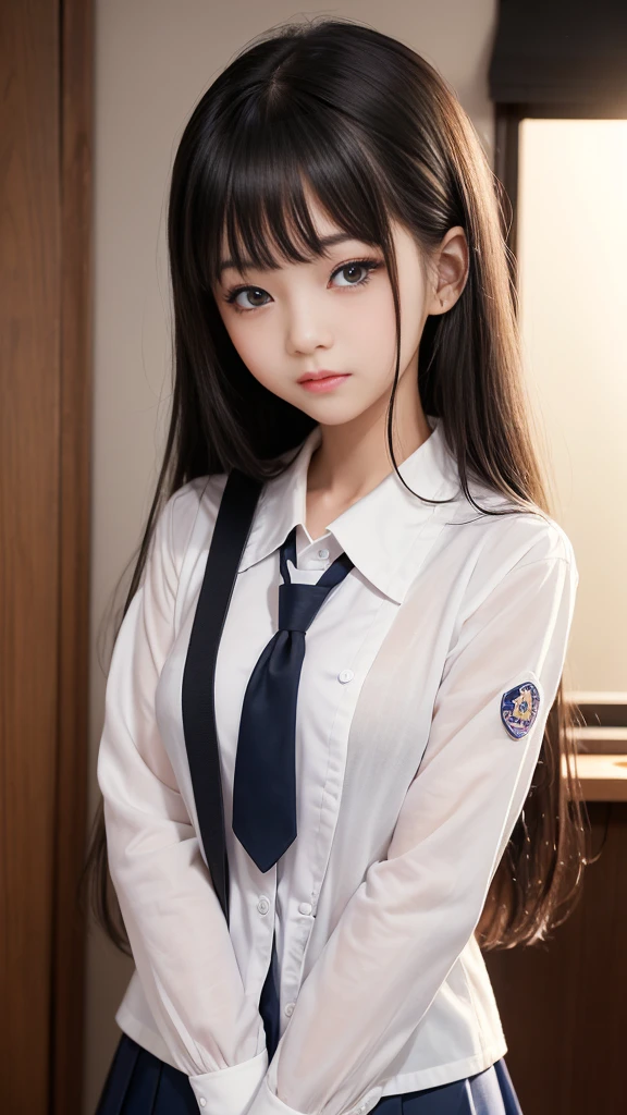 8K, Highest quality, masterpiece:1.2, RAW Photos, 1peopleの女の子, (Cute school girl, beautiful girl, Baby Face), (Skin Dentition), night, (dark), Clear background indoors, (people々), Beautiful Bangs, nice,, (Clothing and uniforms:1.3), Soft lighting, Attractive breasts, ((怪しいdark部屋)), (Mouth closed:1.2, Beautiful Eyes, Fine grain, Detailed Iris, Beautiful Lips, Beautiful Nose, Beautiful Face), (primary color:1.5)