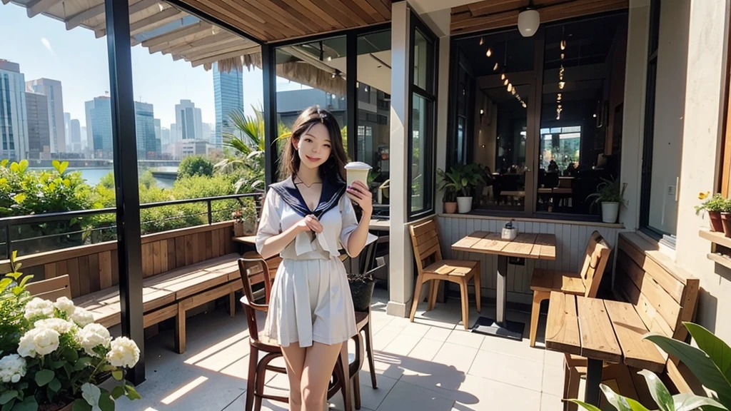 8K、RAW Photos、Highest quality、Super detailed、Super Resolution、Ultra HD、8K壁紙、Amazing details
(((Starbucks outdoor cafe、16 year old high school girl in sailor suit)))、((Eat cake、Drink coffee、smile))、Heart Necklace
((Emphasize cleavage))
(Full body photo)
(((Skyscrapers are visible)))


Sophisticated interior design：modern、Minimalist、Vintage etc.、It has a unified design。
Pleasant lighting：Large windows let in natural light、Warm indirect lighting is used。
Comfortable seats：Cushioned chairs and sofas are arranged.、It is designed so that you won&#39;t get tired even if you sit for a long time.。
Green Interior：Potted plants and fresh flowers are placed、A relaxing space has been created。
Unique decoration：Decorated with artwork and photographs、Enhances the atmosphere inside the store。
Open Kitchen：Being able to see the cooking process、Providing a sense of security and trust in food。
Unique furniture：Antique tables and chairs、Handmade furniture etc.、The items used here are different from other cafes.。
Fashionable tableware：Highly designed cups and plates are used.、Enhances the appeal of food and drinks。
Musical sense：Relaxing background music plays、Creates a sense of coziness。