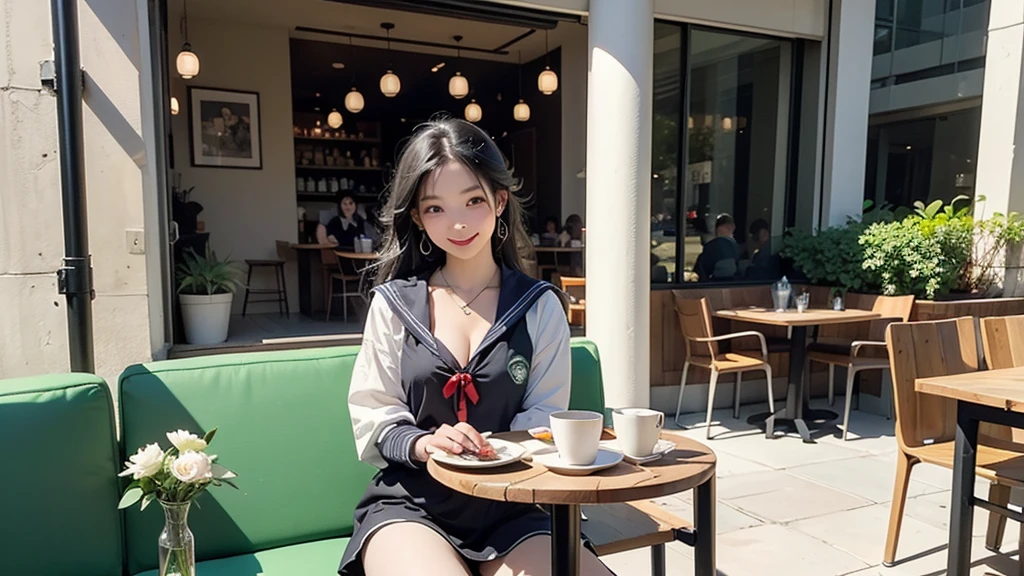 8K、RAW Photos、Highest quality、Super detailed、Super Resolution、Ultra HD、8K壁紙、Amazing details
(((Starbucks outdoor cafe、16 year old high school girl in sailor suit)))、((Eat cake、Drink coffee、smile))、Heart Necklace
((Emphasize cleavage))
(Full body photo)
(((Skyscrapers are visible)))
Sophisticated interior design:modern、Minimalist、Vintage etc.、It has a unified design。
Pleasant lighting:Large windows let in natural light、Warm indirect lighting is used。
Comfortable seats:Cushioned chairs and sofas are arranged.、It is designed so that you won't get tired even if you sit for a long time.。
Green Interior:Potted plants and fresh flowers are placed、A relaxing space has been created。
Unique decoration:Decorated with artwork and photographs、Enhances the atmosphere inside the store。
Open Kitchen:Being able to see the cooking process、Providing a sense of security and trust in food。
Unique furniture:Antique tables and chairs、Handmade furniture etc.、The items used here are different from other cafes.。
Fashionable tableware:Highly designed cups and plates are used.、Enhances the appeal of food and drinks。
Musical sense:Relaxing background music plays、Creates a sense of coziness。