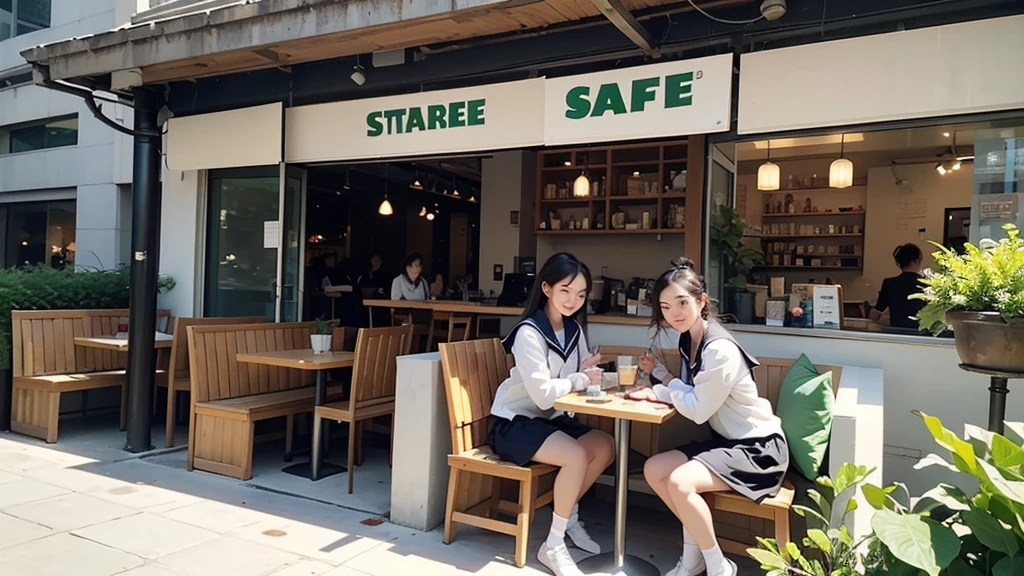 8K、RAW Photos、Highest quality、Super detailed、Super Resolution、Ultra HD、8K壁紙、Amazing details
(((Starbucks outdoor cafe、16 year old high school girl in sailor suit)))、((Eat cake、Drink coffee、smile))、Heart Necklace
((Emphasize cleavage))
(Full body photo)
(((Skyscrapers are visible)))


Sophisticated interior design：modern、Minimalist、Vintage etc.、It has a unified design。
Pleasant lighting：Large windows let in natural light、Warm indirect lighting is used。
Comfortable seats：Cushioned chairs and sofas are arranged.、It is designed so that you won&#39;t get tired even if you sit for a long time.。
Green Interior：Potted plants and fresh flowers are placed、A relaxing space has been created。
Unique decoration：Decorated with artwork and photographs、Enhances the atmosphere inside the store。
Open Kitchen：Being able to see the cooking process、Providing a sense of security and trust in food。
Unique furniture：Antique tables and chairs、Handmade furniture etc.、The items used here are different from other cafes.。
Fashionable tableware：Highly designed cups and plates are used.、Enhances the appeal of food and drinks。
Musical sense：Relaxing background music plays、Creates a sense of coziness。