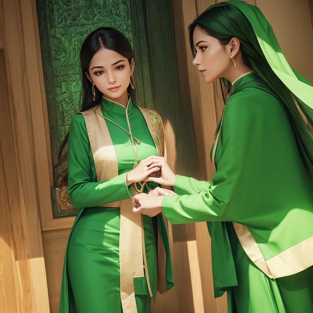 Generate an image of a female advocate wearing a green outfit. She should exude empathy and demonstrate a divine level of responsiveness. The image should capture her interacting with others in a compassionate and understanding manner, emphasizing her nurturing and supportive personality traits.