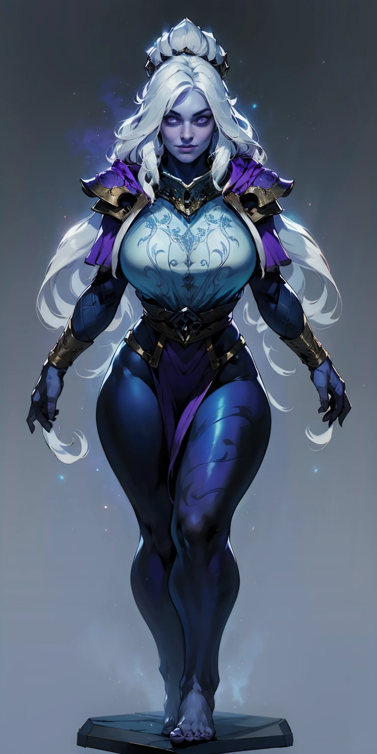 Character:
Female
Chest covered (presumably by clothing)
Smiling
Skin: Gray and purple with interesting mottling or swirling patterns (optional)
Hair: Pale golden, flowing and well-maintained (or styled in a specific way if you have one in mind)
Eyes: Violet, sparkling with amusement (or another emotion that fits your vision)
Attire:
Prefers white and silver clothing, with intricate details or embroidery (optional)
Deep blue or purple cloak (optional), lined with a contrasting color for a touch of elegance (optional)
Pose:
Standing tall and straight, with her feet shoulder-width apart and arms relaxed at her sides. This pose will showcase her full figure from head to toe in a symmetrical manner.
Background:
Plain (or a subtle gradient if you want to add a touch of depth)
Image details:
High resolution
Very detailed (including the clothing, with flowing fabric and realistic textures)
Additional details:
Full-figured and voluptuous (emphasizes her curves without being vulgar)