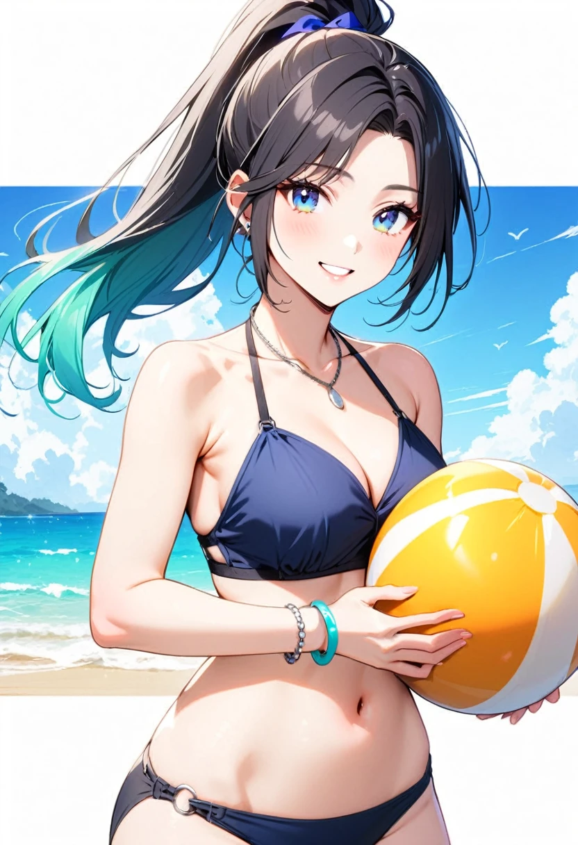 A young woman, 21-years-old, solo, Caucasian, black hair, cyan hair, gradient hair, multicolored hair, ponytail, two-tone hair, blue eyes, cheerful smile, lip parted, mature face, dark blue bikini top, dark blue bikini bottom, midriff, holding a beachball, beach, thin silver necklace, white bracelet