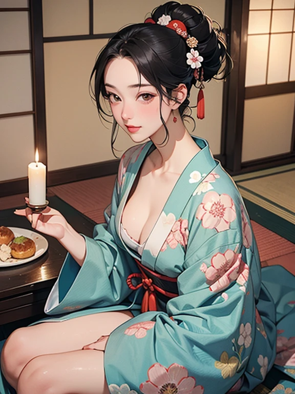 (Highest quality、masterpiece、High resolution、8K)、Ukiyo-e、Vibrant colors、Utamaro、Edo Period、Flowers of Yoshiwara、1 flower kui、whole body、Japanese-style room、It is a tatami room.、There is a candle light、Utamaroの絵のモデル、The courtesan&#39;s hair is black and beautiful、Decoration、The kimono is white with red floral patterns、Sitting、Sitting sideways、The kimono has been flipped up, exposing some bare skin.、One hand is holding a fan open、Details of the model&#39;s gestures and facial expressions、Official Art、Detailed CG、