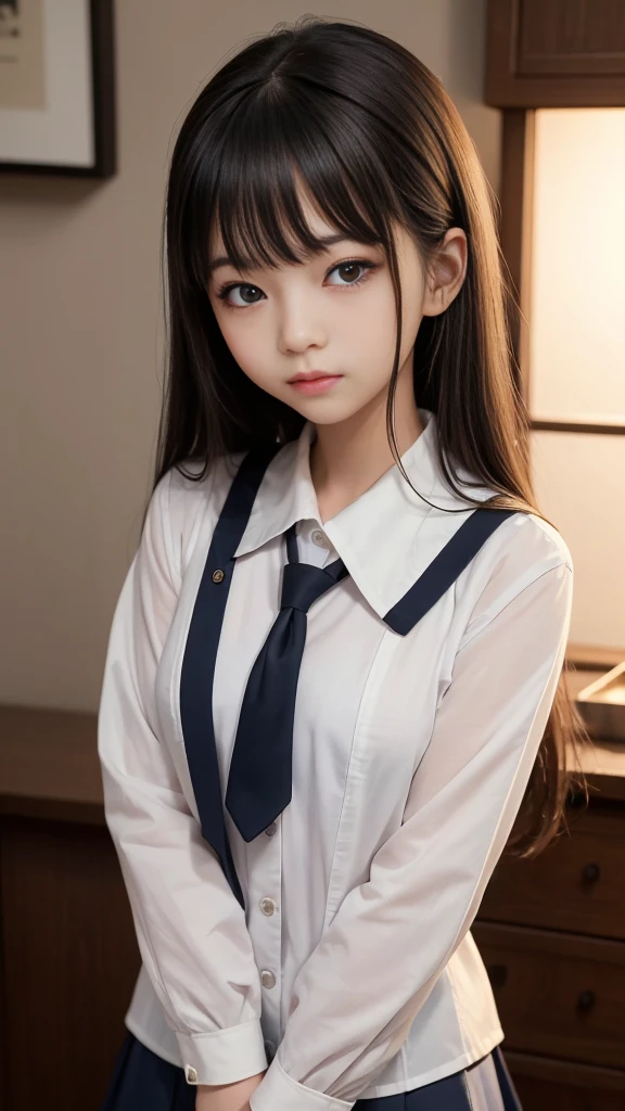 masterpiece, best quality, 8k, 85mm portrait, absurdres, beautiful girl, (night, upper body:1.5), cute, street, (school uniform, white shirt, short sleeve, dark blue tie, pleated skirt:1.2), slender, neon, (Lianyungang, Akishima, Yeonggwang:0.4), no makeup, perspective, depth of field, ultra realistic, highres, photography, sharp focus, HDR, facelight, dynamic lighting, highest detailed, extreme detailed, ultra detailed, finely detail, real skin, delicate facial features