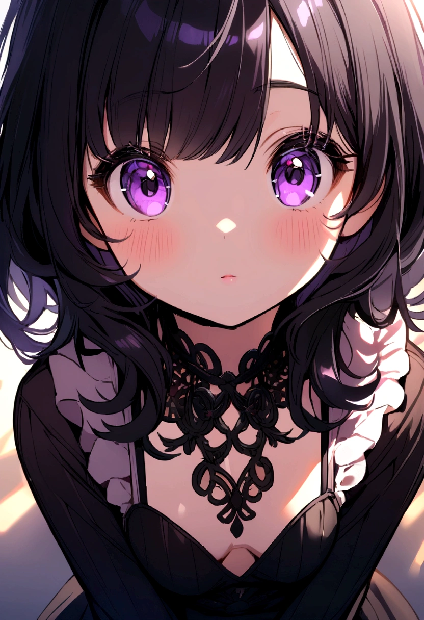 Purple eyes long black hair, cute and beautiful
