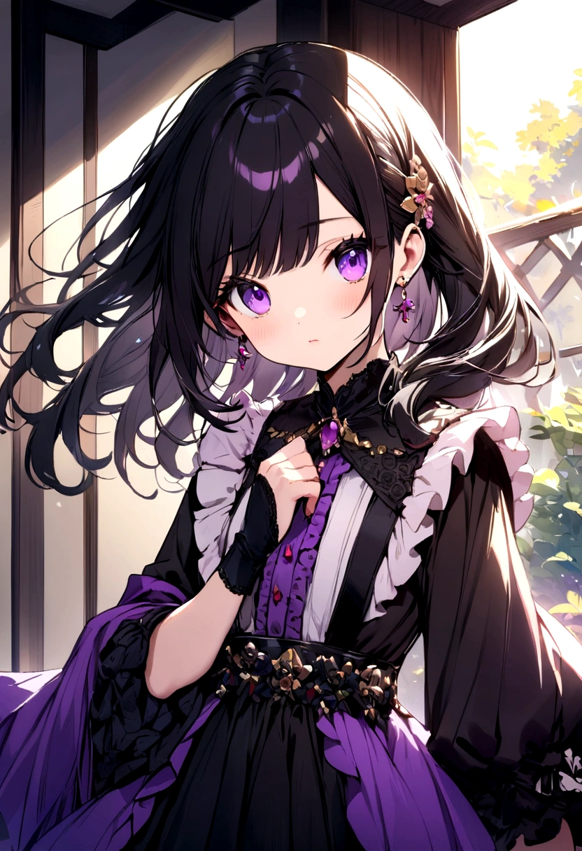 Purple eyes long black hair, cute and beautiful 
