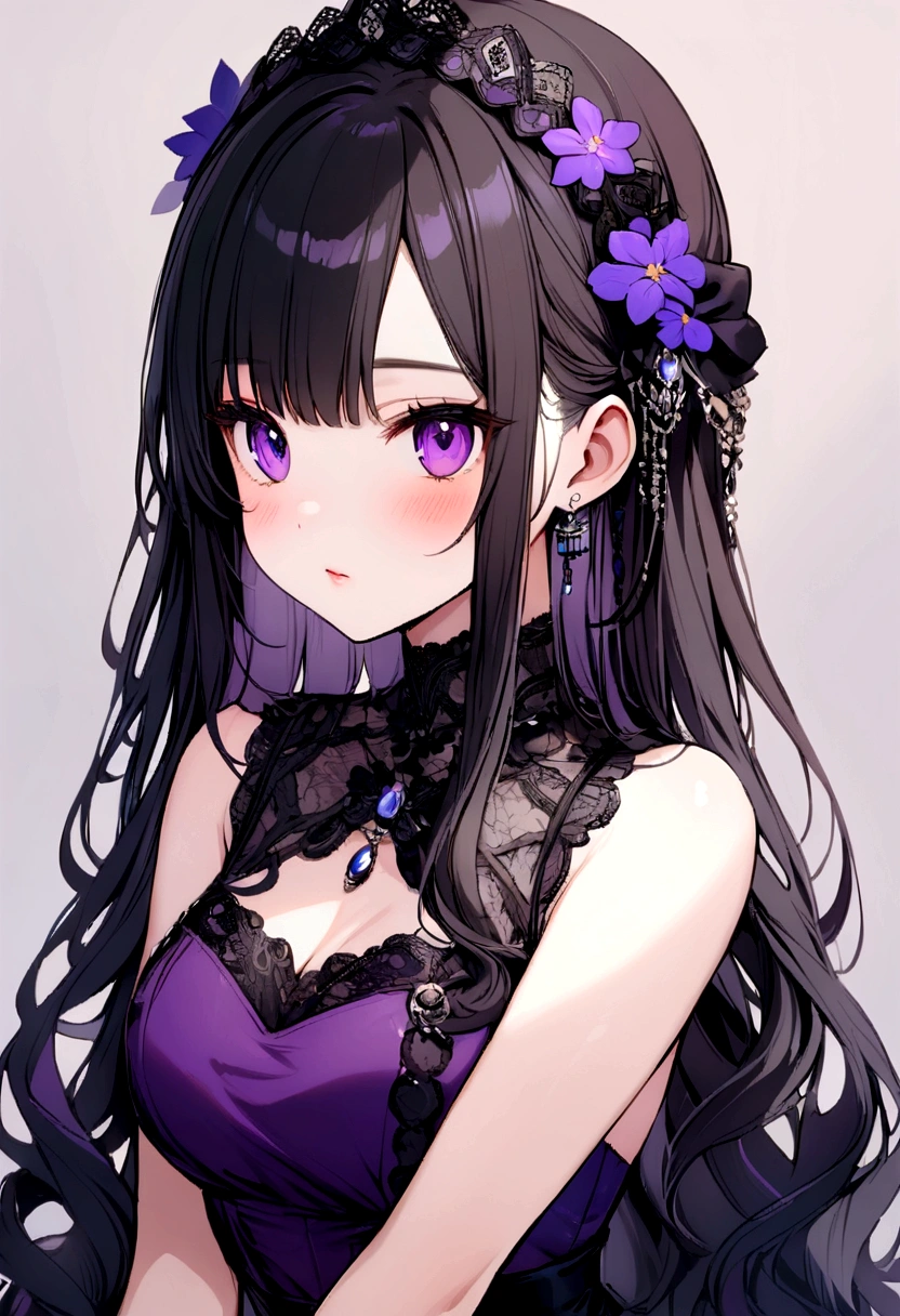 (High quality, High resolution, Fine details), Black-based Gothic ta Costume, Pale purple ribbon, solo, curvy women, sparkling eyes, (Detailed eyes:1.2), Dark makeup, shallow depth of field